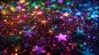 Falling multi-colored stars and shiny particles on a black background, neon light. Background image. Falling multi-colored stars and shiny particles on a black background, neon light. Background image