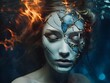 Underwater portrait. Fire and water. A cracked porcelain mask, water and fire licking a woman's face, secrets whispered in the depths of the surreal. The beauty of fracture, the ethereal dance. 