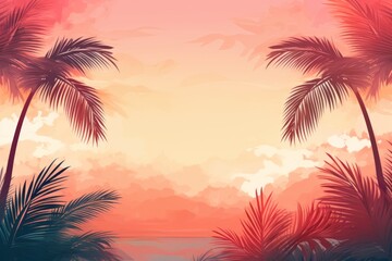 Canvas Print - Tropical and paradise-like social media background with palm leaves and sunset hues