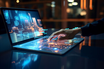 Hard working person in modern interior office programming writing web java script code AI technology generation