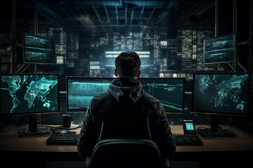 Hard working person in modern interior office programming writing web java script code AI technology generation