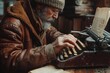 A thoughtful depiction of a man composing stories on a vintage typewriter, symbolizing the timeless art of writing and storytelling