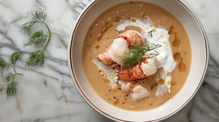 Copy Space for Text Included: An Overhead Glimpse of a Luxurious Lobster Bisque Served in a Sophisticated Porcelain Bowl, on an Elegant Marble Countertop.