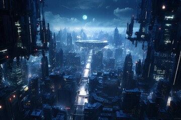 Wall Mural - Aerial shot capturing the pulsating energy of a cyberpunk city's nighttime illumination