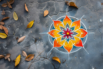 Wall Mural - Colorful Indian Rangoli ornament on ground. Indian religious festivals. Decorative pattern of powder colours with copy space. Design of Hindu New Year, Gudi Padwa, Ugadi, Diwali, Onam, Pongal in India