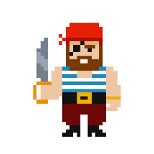 Pixel Art Pirate Cabin Boy Suit Sailor With Saber Or Sword In Red Bandana - Cartoon Retro Game Style Vector Graphics. Funny Pirate Charactrer In Pixel Art Style 