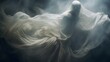 Close up of a ghostly figure with a flowing white gown and a pale face, creating a haunting Halloween image