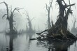 Misty swamp with eerie dead trees submerged in the water