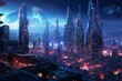 Futuristic cyberpunk cityscape with towering megastructures and neon glow