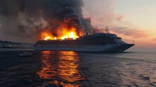 Cruise Ship In Fire At Open Sea. Luxury Cruise. Floating Liner Emergency Situation. Extinguishing Fire From Firefighting Boat.