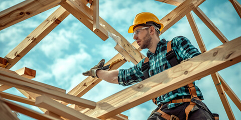 worker roofer builder working on roof structure