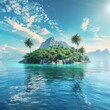 A tropical island with tall palm trees surrounded by tranquil ocean waters under a clear blue sky