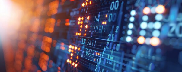 Red and blue digital LED panel displaying numbers and data, an abstract concept of data analytics, network, and computing