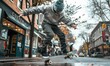 Dynamic shot of a skateboarder mid-trick with vibrant advertising billboards in a lively urban environment