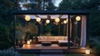Serene dusk ambience in a modern outdoor patio with paper lanterns and luxe corner sofa