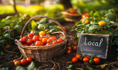 Sun-kissed local garden with ripe tomatoes in a wicker basket and a chalkboard sign amidst the lush greenery of a sustainable organic vegetable patch