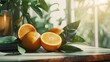 Fresh oranges on table, split in half, vibrant color, citrus scent, healthy eating, summer freshness.