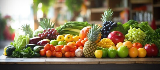 Sticker - Various fresh fruits and vegetables displayed on a market counter