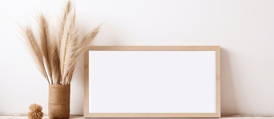 Wall Mural - Frame with wheat on table against white wall