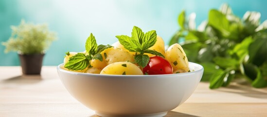 Sticker - Bowl of assorted fruits and vegetables next to cooked potatoes and fresh tomatoes