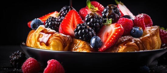 Wall Mural - A plate with assorted fruits, croissants, and syrup