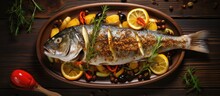 Fish with citrons, greenery, and seasonings on a dish