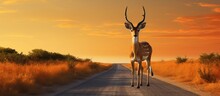 A Giraffe Standing On The Roadside In A Vast Field