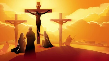 Wall Mural - Biblical motion graphic series. Way of the Cross or Stations of the Cross, twelfth station. Mary the Mother of Jesus, John the beloved disciple and Mary of Magdala at the Crucifixion 