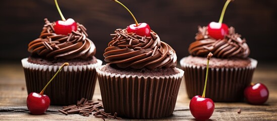 Wall Mural - Three cupcakes with chocolate topping and cherries