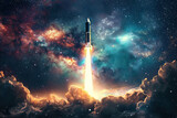 Fototapeta  - Generative ai on theme of beautiful space rocket in sky, bright meteorites glow in atmosphere
