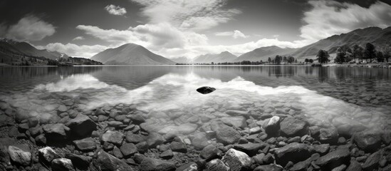 Poster - A serene lake surrounded by rocks and mountains in monochrome