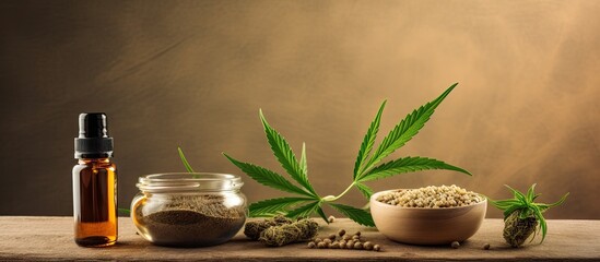 Poster - Wooden table with hemp oil bowl and cannabis bottle