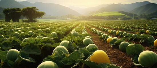 Canvas Print - Melon field with distant mountains