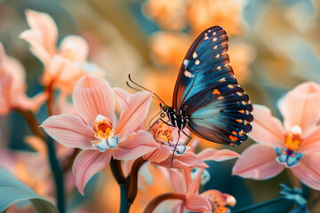 Sticker - A butterfly perched on an orchid, its iridescent wings contrasting against the flowers soft hues