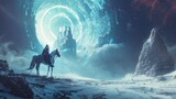 Fototapeta  - Futuristic knight on a unicorn White enters a broken portal to another world. Digital art style 