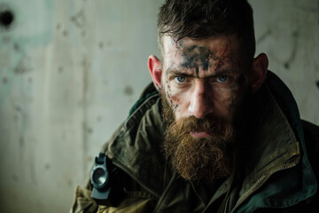 Wall Mural - A battle-scarred hero, beard salt-and-pepper, eyes haunted. The light wall behind him hints at both triumph and tragedy