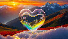 Realistic Transparent Yellow, Rainbow And White Vector Soap Bubbles Shaped As Heart. Romantic