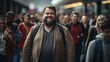 © tinyt.studio - Plus-Size Model Man walking in the busy crowded street carrying a backpack