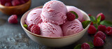 Fototapeta Tulipany - Raspberry ice cream dessert, gelato, sorbet. Sweet food. Pink icecream with berries.