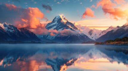 Wall Mural - Sunset Lake View with Mountains and Clouds
