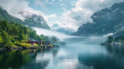 Wall Mural - Lake nestled amidst towering mountains under a vast sky with reflections