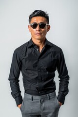 Wall Mural - Asian man wearing a black shirt and grey pants