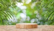 wooden product display podium with blurred nature leaves background 3d rendering