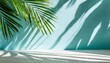 blurred shadow from palm leaves on the light blue wall minimal abstract background for product presentation spring and summer