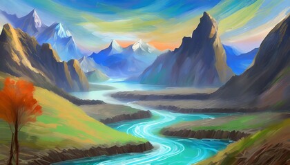 Wall Mural - fantasy landscape with river and mountains