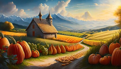 Wall Mural - autumn landscape with a farm