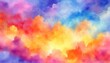 colorful watercolor background of abstract sunset sky with puffy clouds in bright rainbow colors of blue yellow red orange and purple