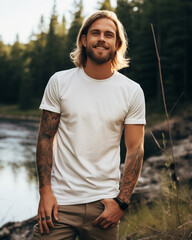 Wall Mural - Male model posing outdoors with plain white canvas t-shirt mockup