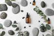 Bottles of natural serum, eucalyptus branch and spa stones on white background
