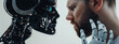 An intense close-up captures the fierce rivalry between a determined man and a defiant AI robot.